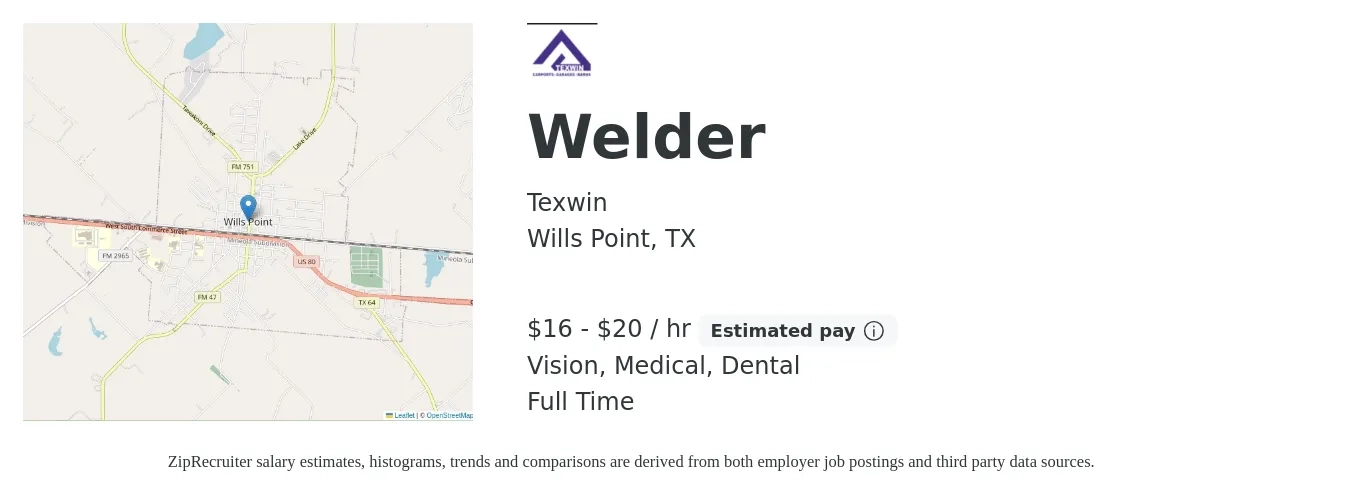 Texwin job posting for a Welder in Wills Point, TX with a salary of $17 to $21 Hourly and benefits including medical, pto, retirement, vision, dental, and life_insurance with a map of Wills Point location.