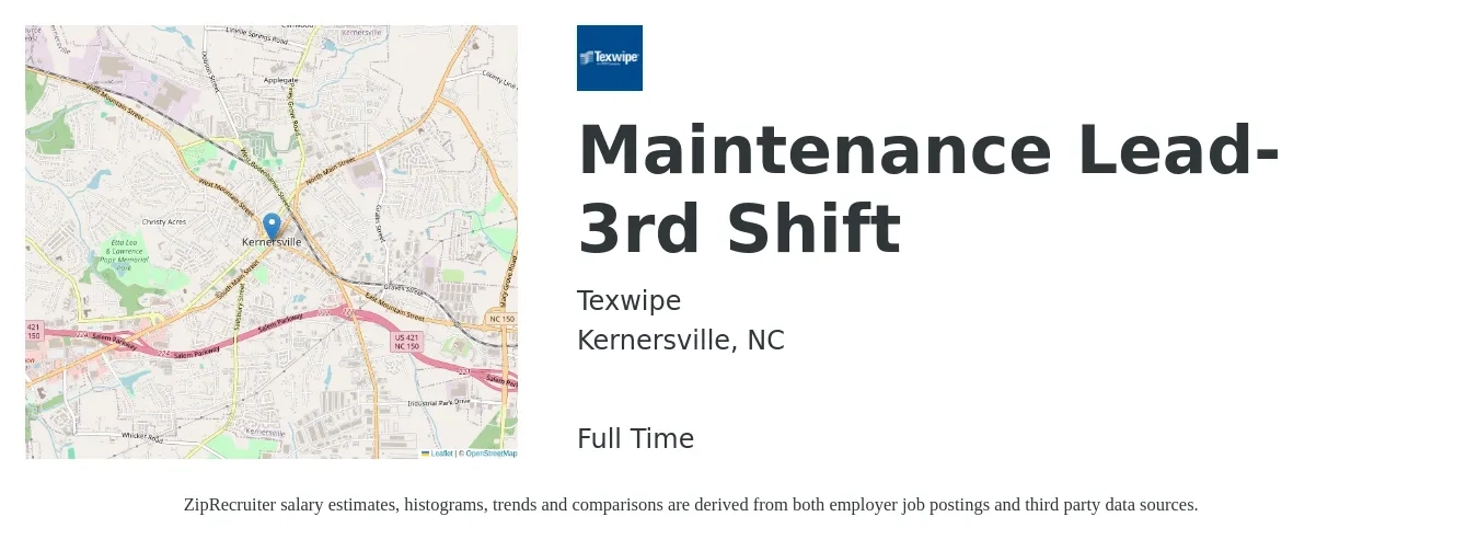 Texwipe job posting for a Maintenance Lead-3rd Shift in Kernersville, NC with a salary of $20 to $28 Hourly with a map of Kernersville location.
