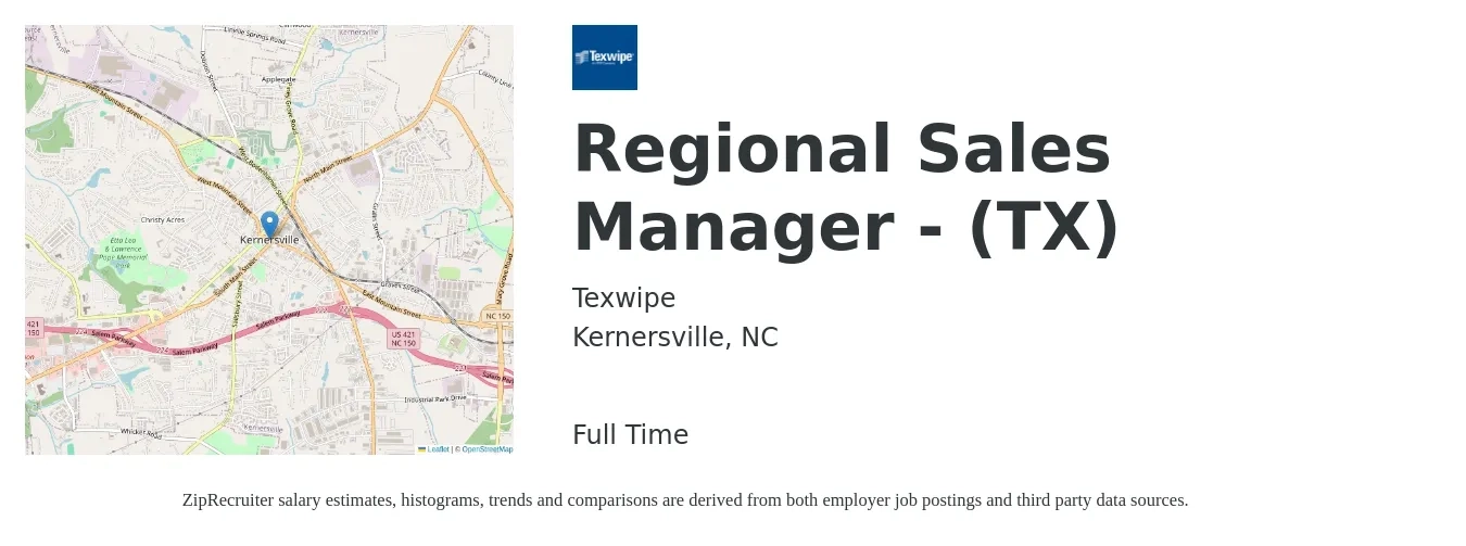 Texwipe job posting for a Regional Sales Manager - (TX) in Kernersville, NC with a salary of $65,500 to $102,400 Yearly with a map of Kernersville location.