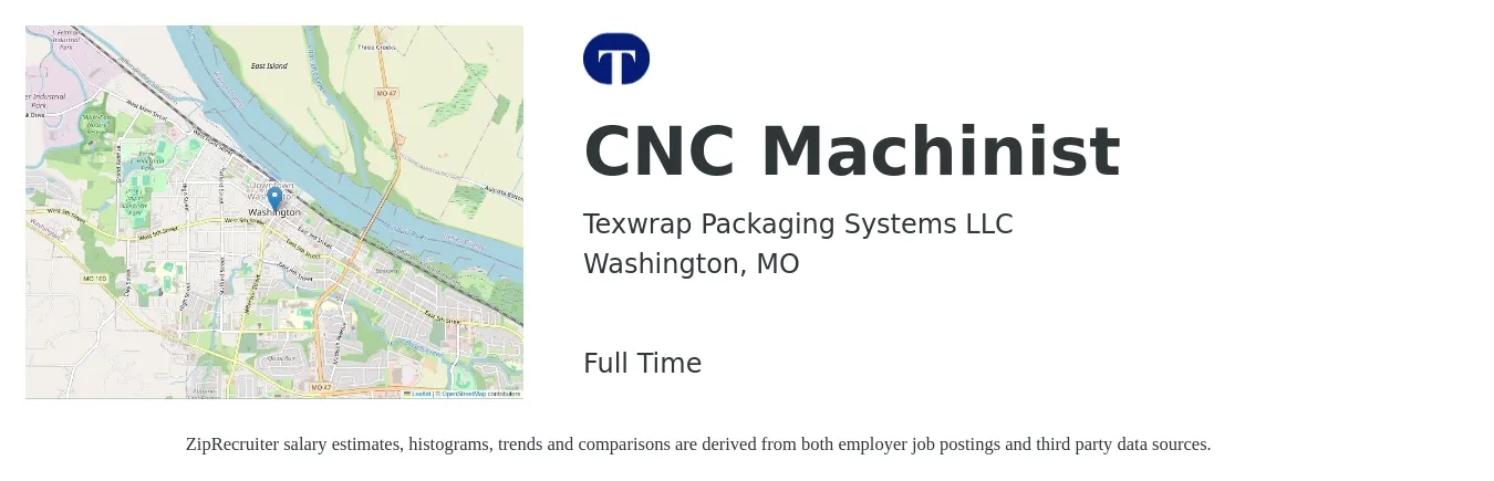 Texwrap Packaging Systems LLC job posting for a CNC Machinist in Washington, MO with a salary of $18 to $25 Hourly with a map of Washington location.