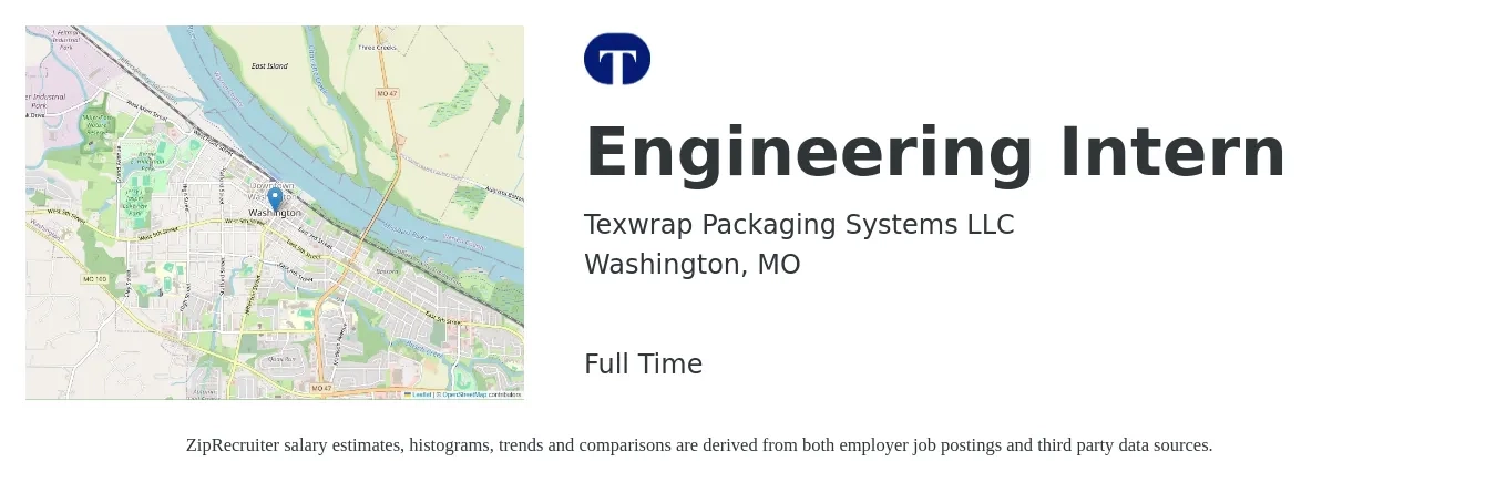 Texwrap Packaging Systems LLC job posting for a Engineering Intern in Washington, MO with a salary of $15 to $19 Hourly with a map of Washington location.
