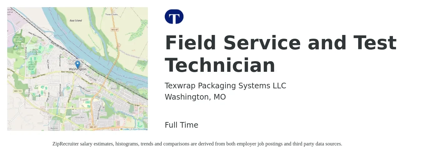Texwrap Packaging Systems LLC job posting for a Field Service and Test Technician in Washington, MO with a salary of $18 to $26 Hourly with a map of Washington location.