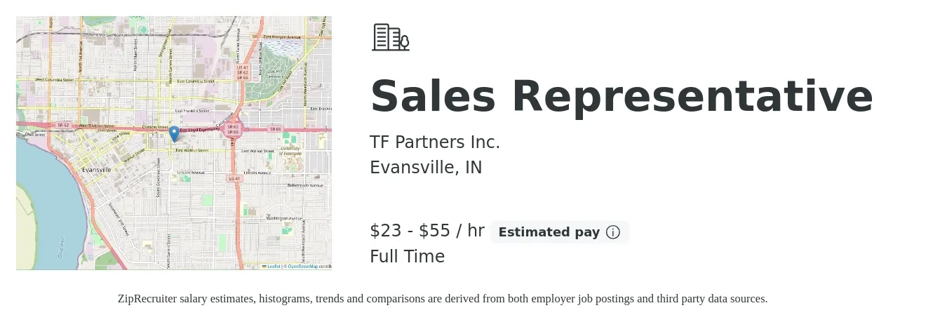 TF Partners Inc. job posting for a Sales Representative in Evansville, IN with a salary of $50,000 to $120,000 Yearly with a map of Evansville location.