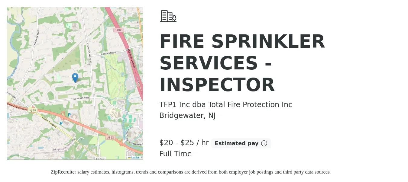 TFP1 Inc dba Total Fire Protection Inc job posting for a FIRE SPRINKLER SERVICES - INSPECTOR in Bridgewater, NJ with a salary of $21 to $26 Hourly with a map of Bridgewater location.
