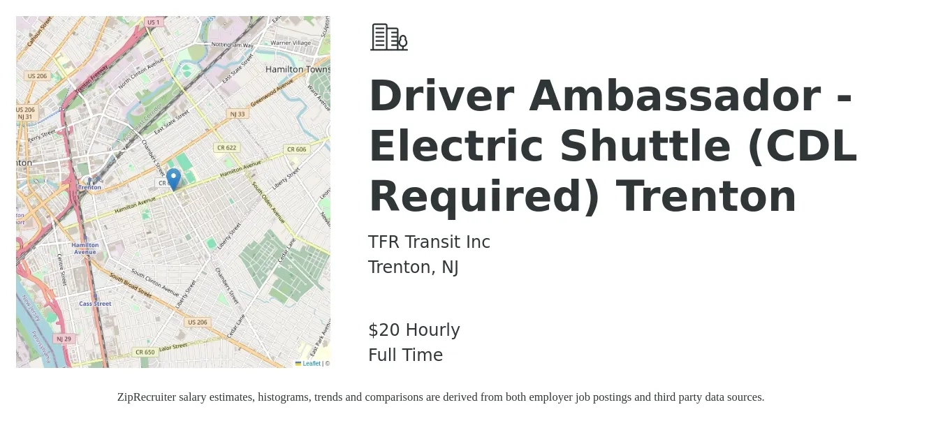 TFR Transit Inc job posting for a Driver Ambassador - Electric Shuttle (CDL Required) Trenton in Trenton, NJ with a salary of $22 Hourly with a map of Trenton location.