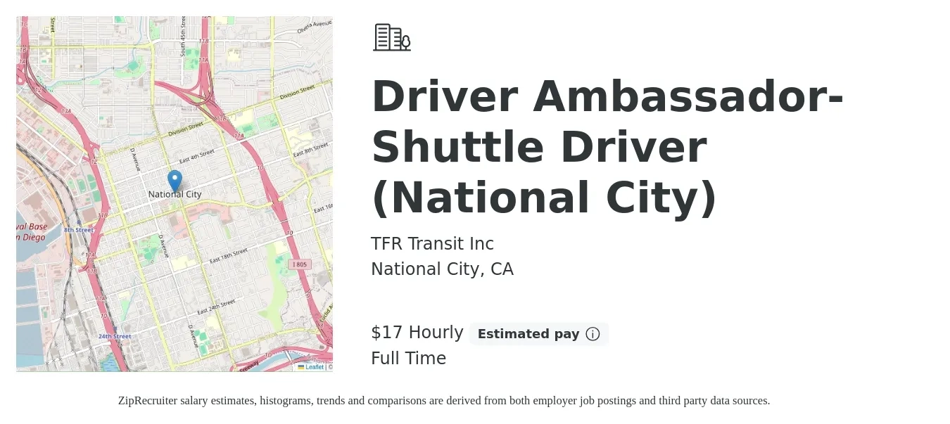 TFR Transit Inc job posting for a Driver Ambassador- Shuttle Driver (National City) in National City, CA with a salary of $18 Hourly with a map of National City location.