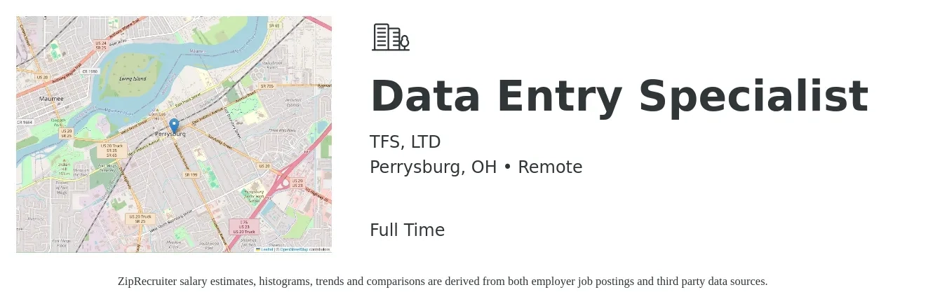 TFS, LTD job posting for a Data Entry Specialist in Perrysburg, OH with a salary of $16 to $22 Hourly with a map of Perrysburg location.
