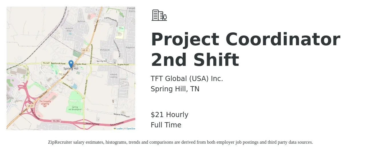 TFT Global (USA) Inc. job posting for a Project Coordinator 2nd Shift in Spring Hill, TN with a salary of $23 Hourly with a map of Spring Hill location.
