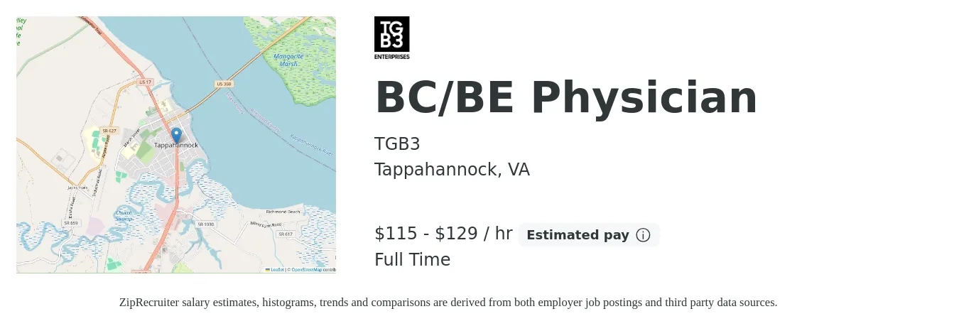 TGB3 job posting for a BC/BE Physician in Tappahannock, VA with a salary of $120 to $135 Hourly with a map of Tappahannock location.