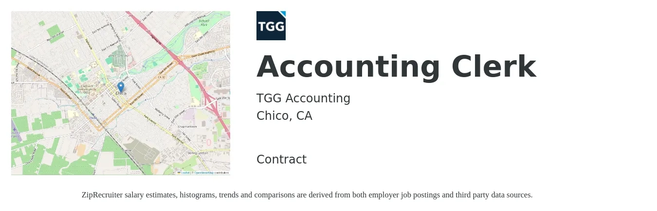 TGG Accounting job posting for a Accounting Clerk in Chico, CA with a salary of $19 to $24 Hourly with a map of Chico location.