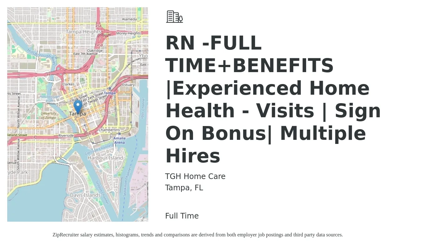 TGH Home Care job posting for a RN -FULL TIME+BENEFITS |Experienced Home Health - Visits | Sign On Bonus| Multiple Hires in Tampa, FL with a salary of $1,500 to $2,250 Weekly with a map of Tampa location.