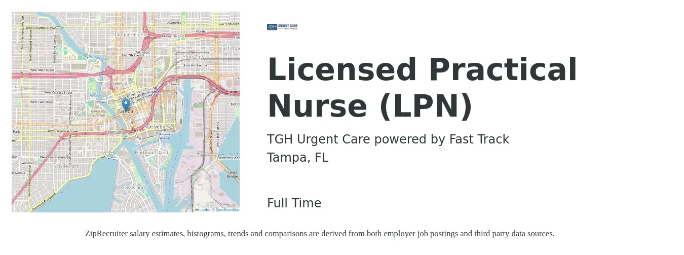 TGH Urgent Care powered by Fast Track job posting for a Licensed Practical Nurse (LPN) in Tampa, FL with a salary of $23 to $32 Hourly with a map of Tampa location.