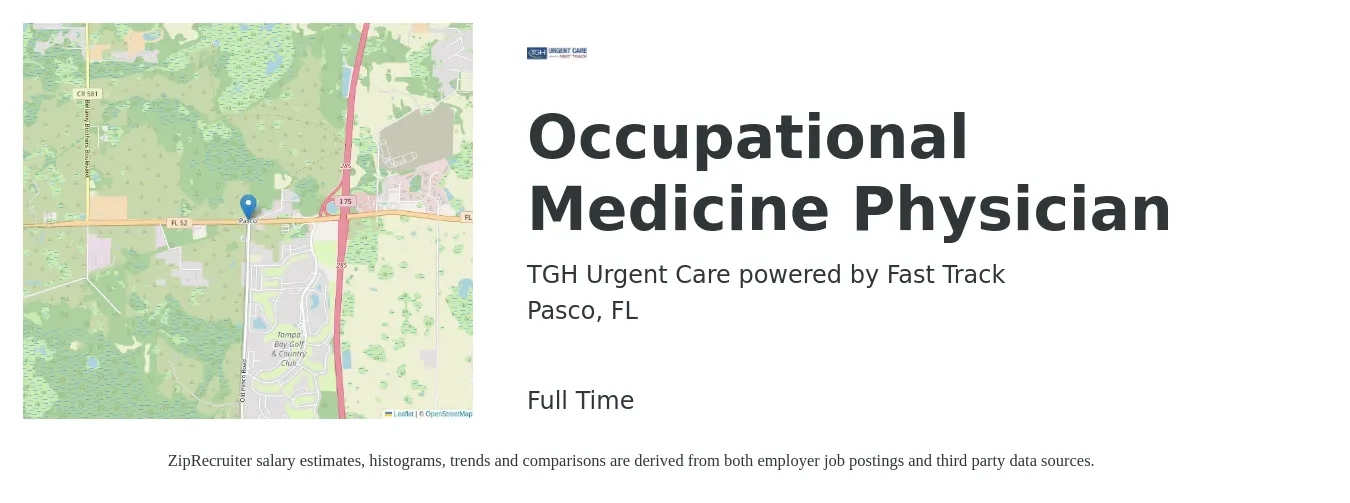 TGH Urgent Care powered by Fast Track job posting for a Occupational Medicine Physician in Pasco, FL with a salary of $102,200 to $194,700 Yearly with a map of Pasco location.