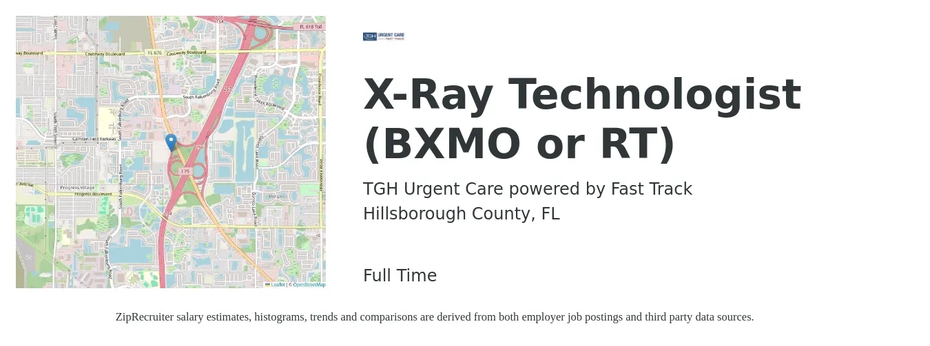 TGH Urgent Care powered by Fast Track job posting for a X-Ray Technologist (BXMO or RT) in Hillsborough County, FL with a salary of $1,160 to $2,030 Weekly with a map of Hillsborough County location.