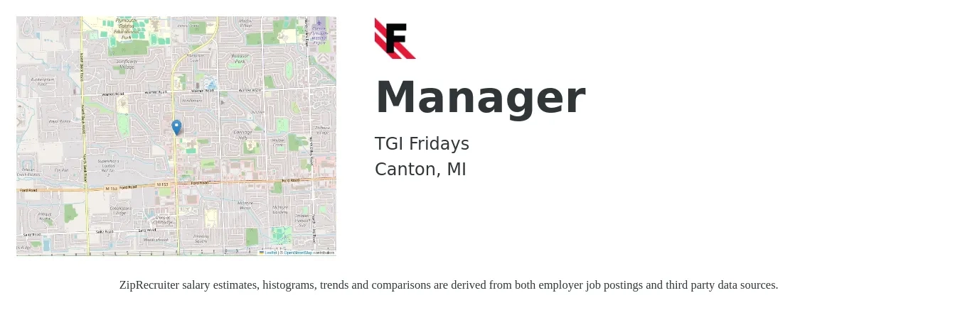 TGI Fridays job posting for a Manager in Canton, MI with a salary of $41,600 to $58,800 Yearly with a map of Canton location.