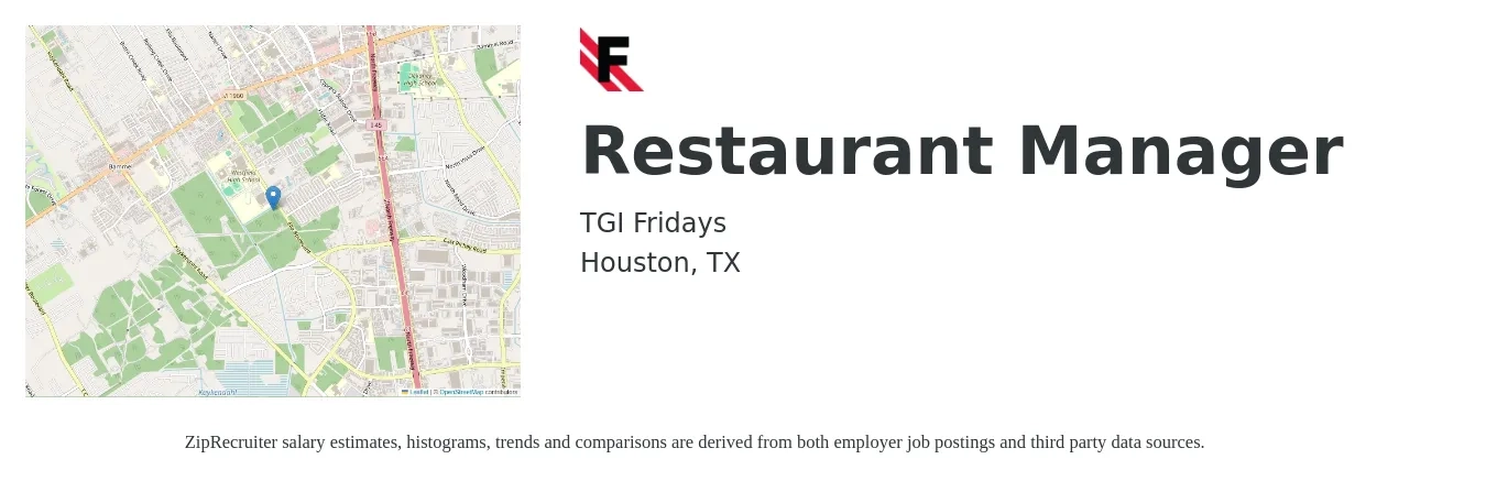 TGI Fridays job posting for a Restaurant Manager in Houston, TX with a salary of $41,700 to $58,800 Yearly with a map of Houston location.