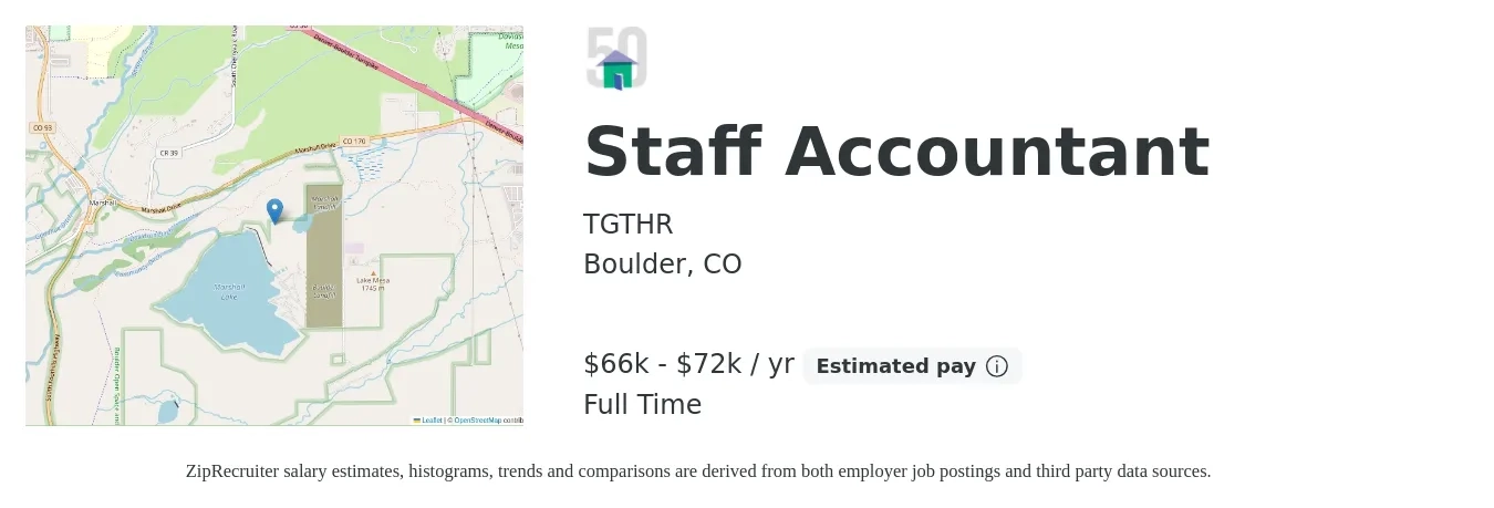TGTHR job posting for a Staff Accountant in Boulder, CO with a salary of $66,650 to $72,800 Yearly with a map of Boulder location.