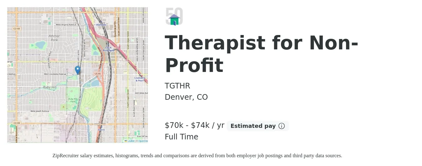 TGTHR job posting for a Therapist for Non-Profit in Denver, CO with a salary of $70,000 to $74,000 Yearly with a map of Denver location.