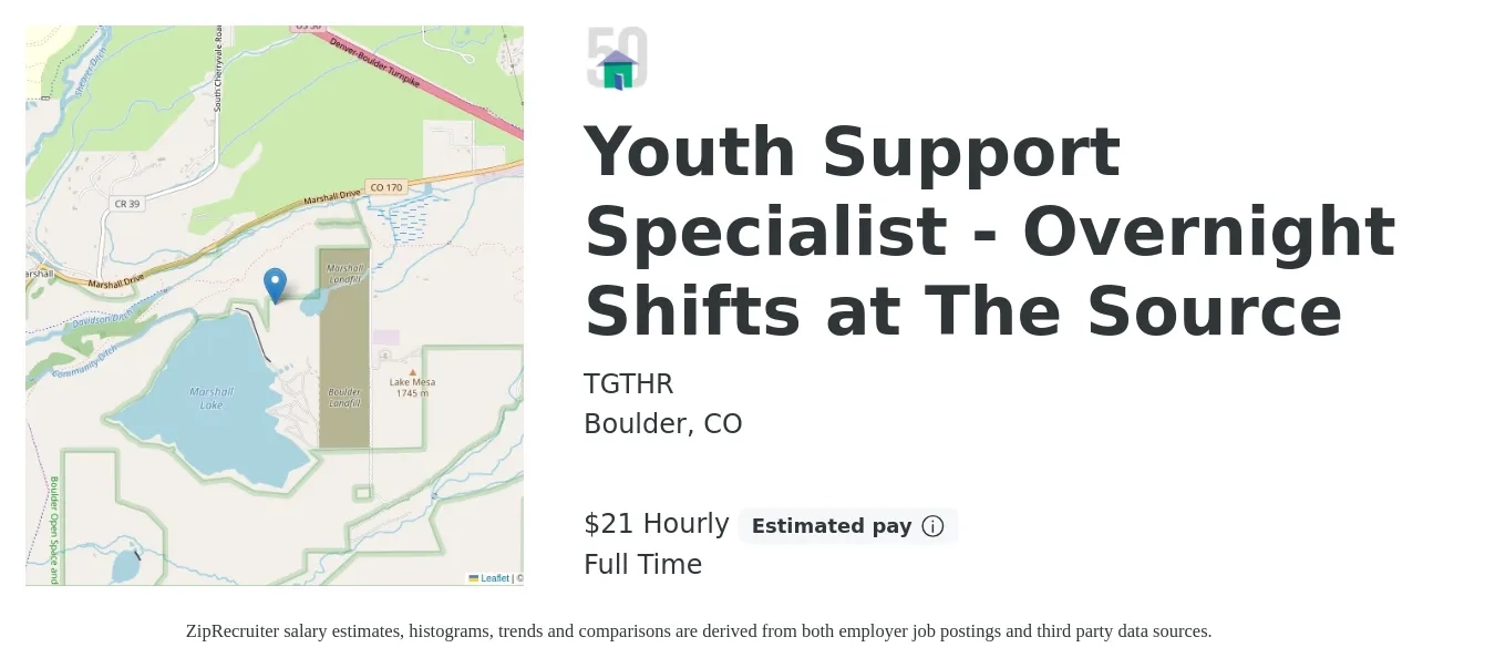 TGTHR job posting for a Youth Support Specialist - Overnight Shifts at The Source in Boulder, CO with a salary of $22 Hourly with a map of Boulder location.