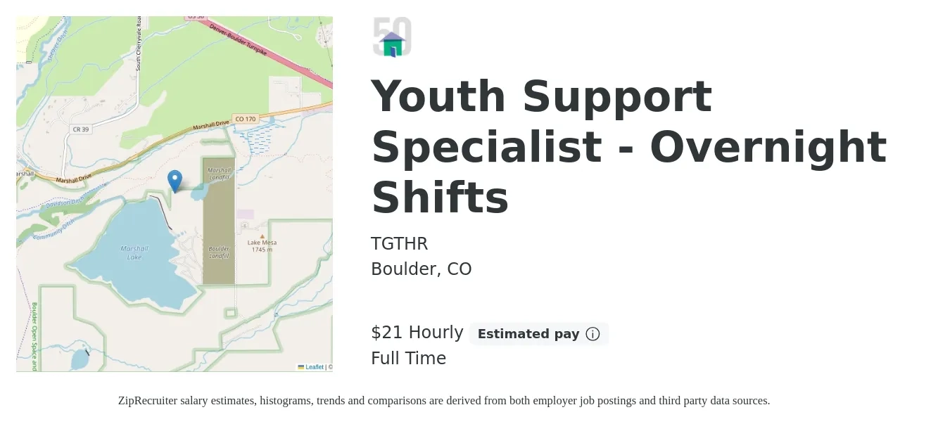 TGTHR job posting for a Youth Support Specialist - Overnight Shifts in Boulder, CO with a salary of $22 Hourly with a map of Boulder location.