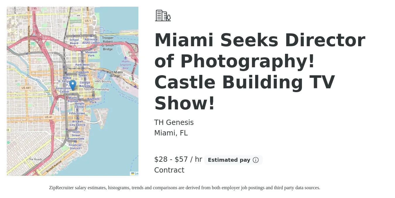 TH Genesis job posting for a Miami Seeks Director of Photography! Castle Building TV Show! in Miami, FL with a salary of $30 to $60 Hourly with a map of Miami location.