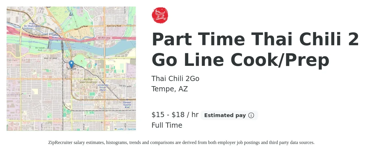 Thai Chili 2Go job posting for a Part Time Thai Chili 2 Go Line Cook/Prep in Tempe, AZ with a salary of $16 to $19 Hourly with a map of Tempe location.