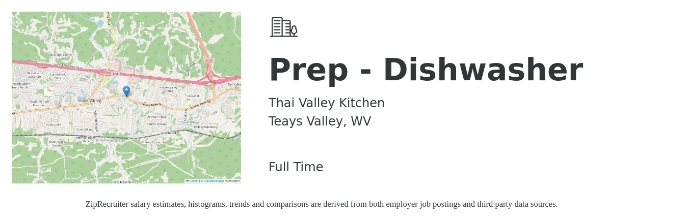 Thai Valley Kitchen job posting for a Prep - Dishwasher in Teays Valley, WV with a salary of $12 to $15 Hourly with a map of Teays Valley location.