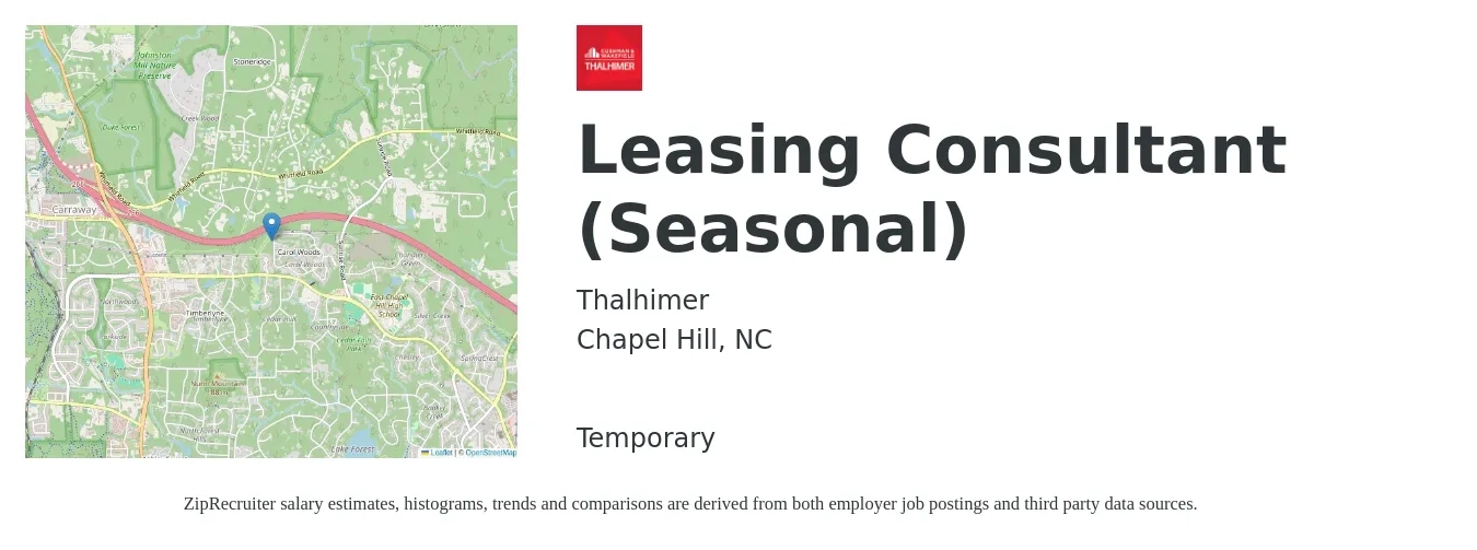 Thalhimer job posting for a Leasing Consultant (Seasonal) in Chapel Hill, NC with a salary of $15 to $18 Hourly with a map of Chapel Hill location.