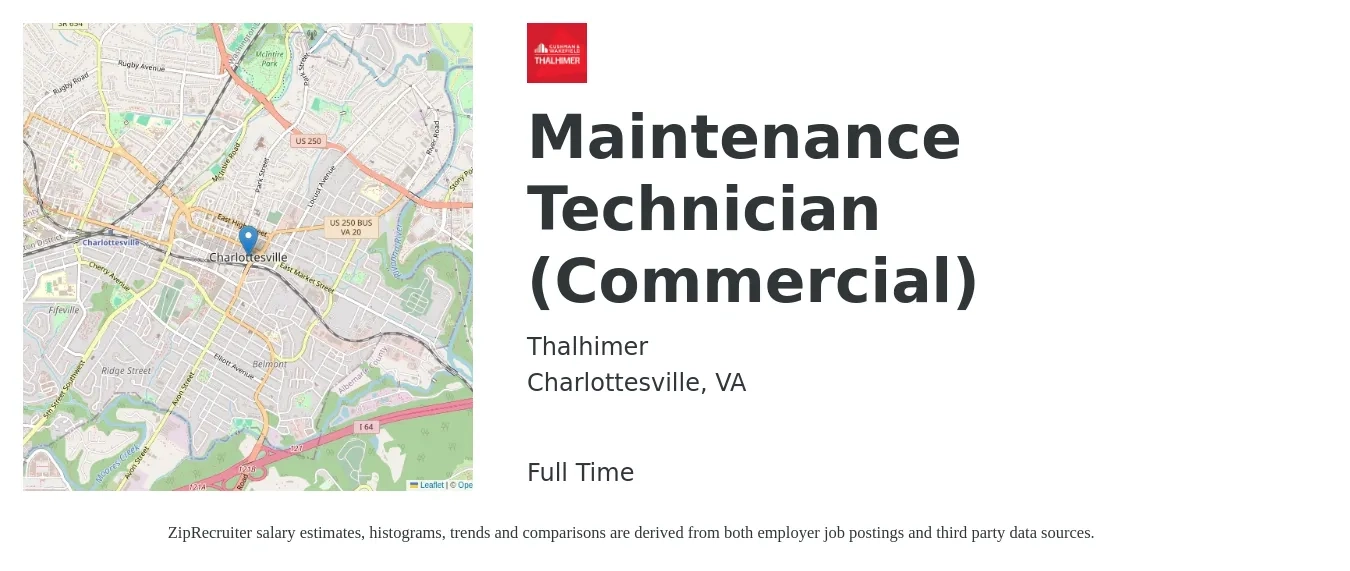 Thalhimer job posting for a Maintenance Technician (Commercial) in Charlottesville, VA with a salary of $22 to $28 Hourly with a map of Charlottesville location.