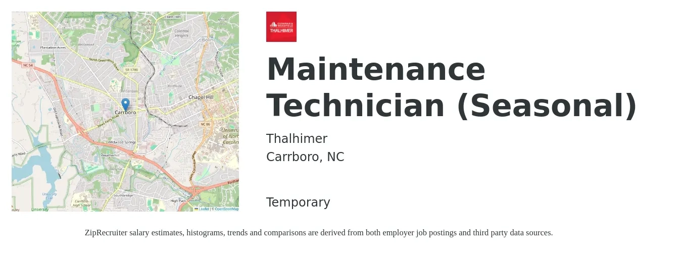 Thalhimer job posting for a Maintenance Technician (Seasonal) in Carrboro, NC with a salary of $16 to $23 Hourly with a map of Carrboro location.