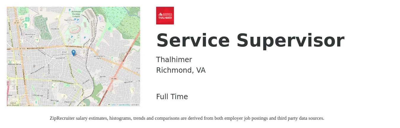 Thalhimer job posting for a Service Supervisor in Richmond, VA with a salary of $51,600 to $79,800 Yearly with a map of Richmond location.