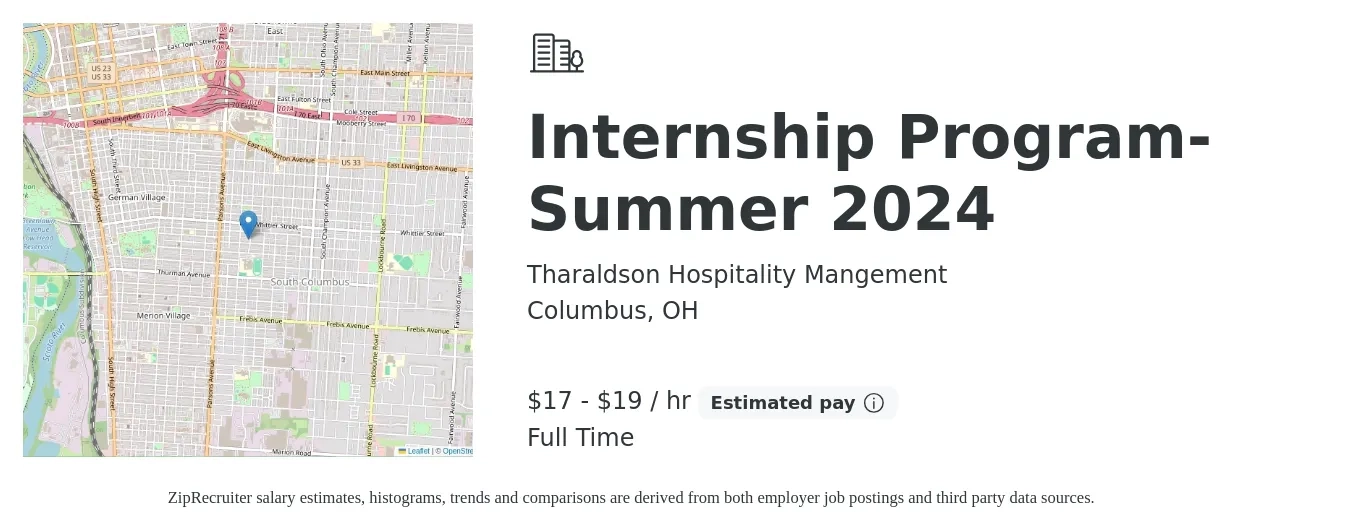 Tharaldson Hospitality Mangement job posting for a Internship Program-Summer 2024 in Columbus, OH with a salary of $18 to $20 Hourly with a map of Columbus location.