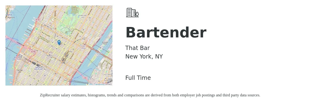 That Bar job posting for a Bartender in New York, NY with a salary of $10 to $20 Hourly with a map of New York location.