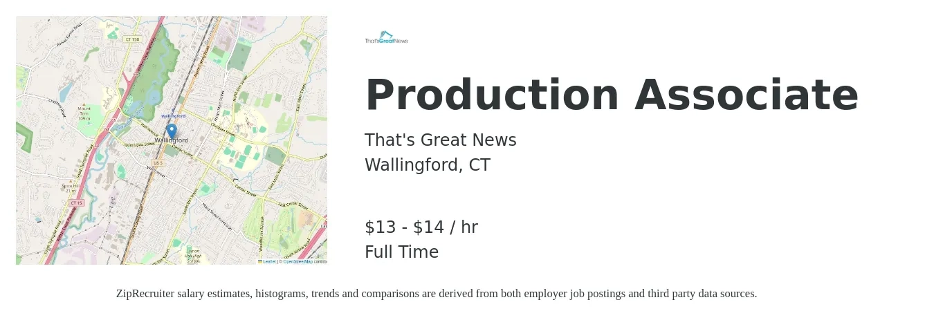 That's Great News job posting for a Production Associate in Wallingford, CT with a salary of $14 to $15 Hourly with a map of Wallingford location.