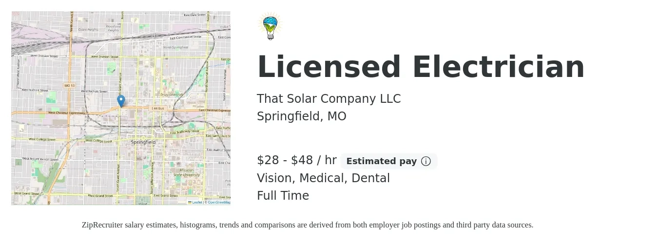 That Solar Company LLC job posting for a Licensed Electrician in Springfield, MO with a salary of $30 to $50 Hourly and benefits including vision, dental, medical, and pto with a map of Springfield location.