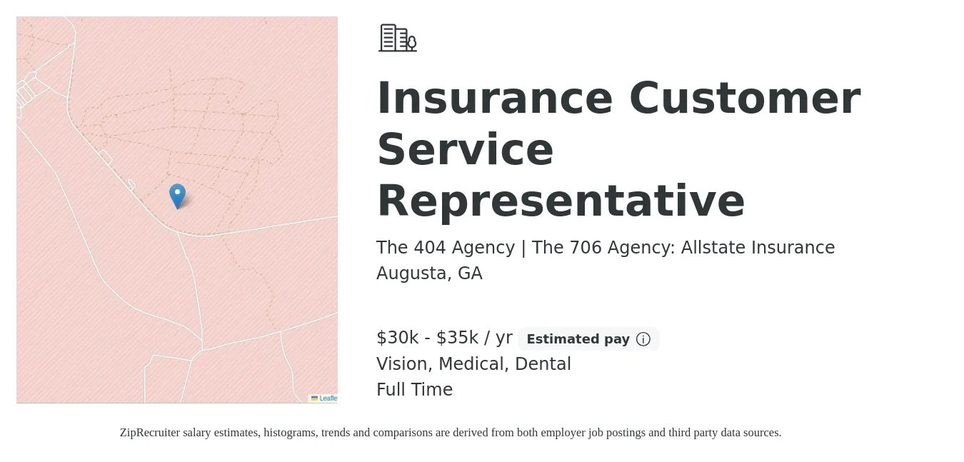 The 404 Agency | The 706 Agency: Allstate Insurance job posting for a Insurance Customer Service Representative in Augusta, GA with a salary of $30,000 to $35,000 Yearly (plus commission) and benefits including life_insurance, medical, pto, retirement, vision, and dental with a map of Augusta location.