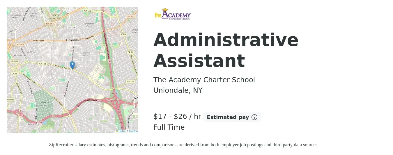 The Academy Charter School job posting for a Administrative Assistant in Uniondale, NY with a salary of $18 to $28 Hourly with a map of Uniondale location.