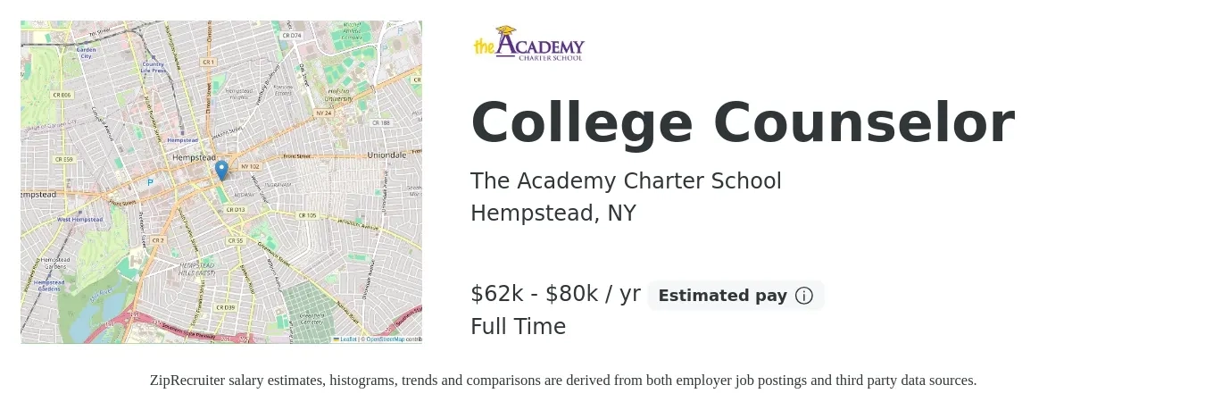 The Academy Charter School job posting for a College Counselor in Hempstead, NY with a salary of $62,500 to $80,000 Yearly with a map of Hempstead location.
