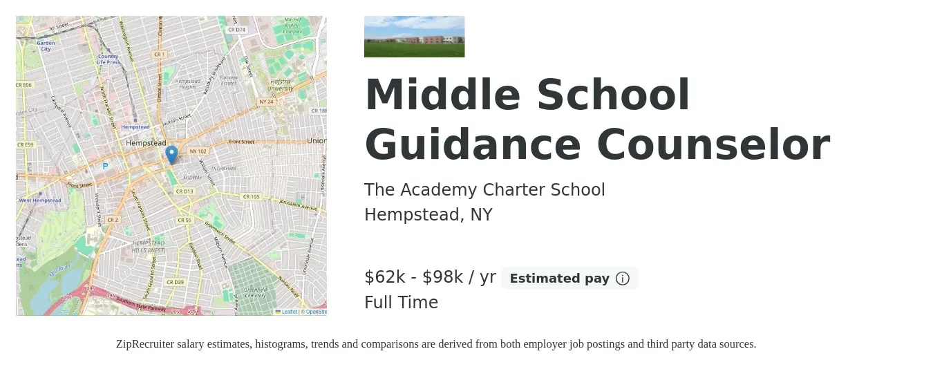 THE ACADEMY CHARTER SCHOOL job posting for a Middle School Guidance Counselor in Hempstead, NY with a salary of $62,500 to $98,000 Yearly with a map of Hempstead location.