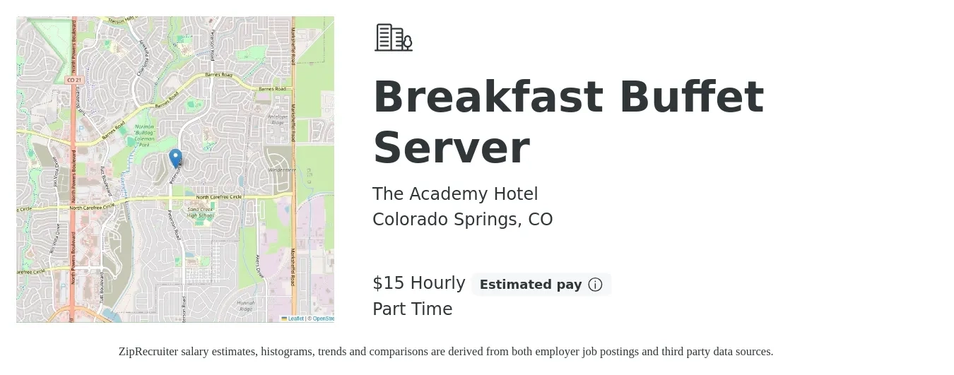 The Academy Hotel job posting for a Breakfast Buffet Server in Colorado Springs, CO with a salary of $16 Hourly with a map of Colorado Springs location.