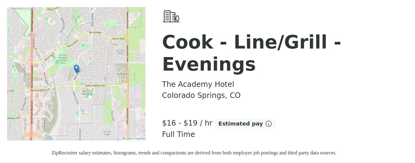The Academy Hotel job posting for a Cook - Line/Grill - Evenings in Colorado Springs, CO with a salary of $17 to $20 Hourly with a map of Colorado Springs location.