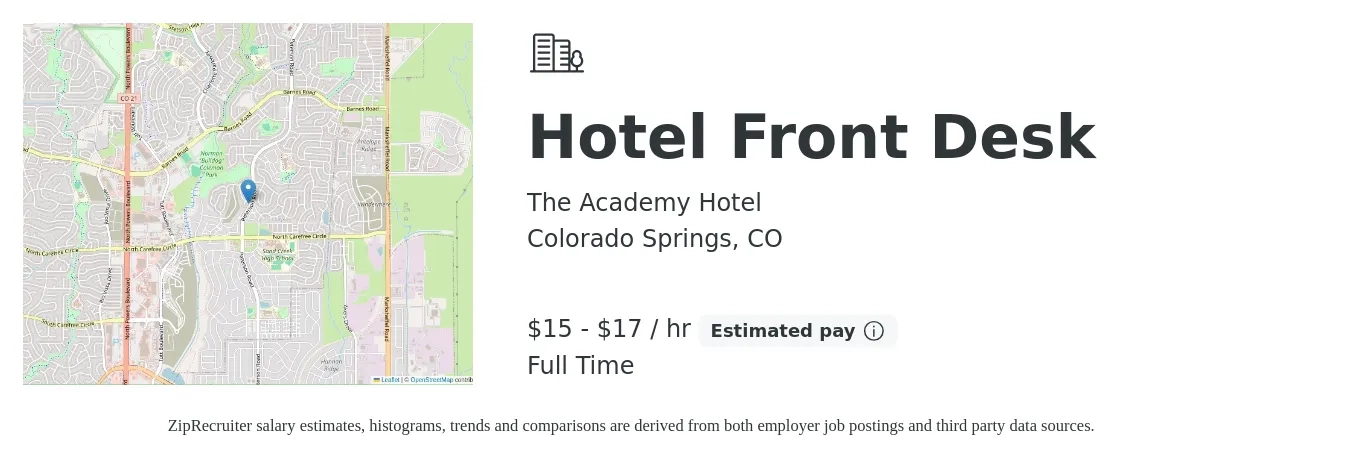 The Academy Hotel job posting for a Hotel Front Desk in Colorado Springs, CO with a salary of $16 to $18 Hourly with a map of Colorado Springs location.