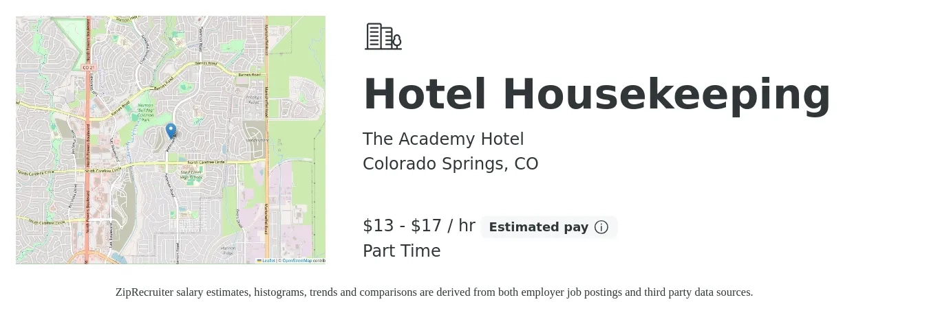 The Academy Hotel job posting for a Hotel Housekeeping in Colorado Springs, CO with a salary of $14 to $18 Hourly with a map of Colorado Springs location.