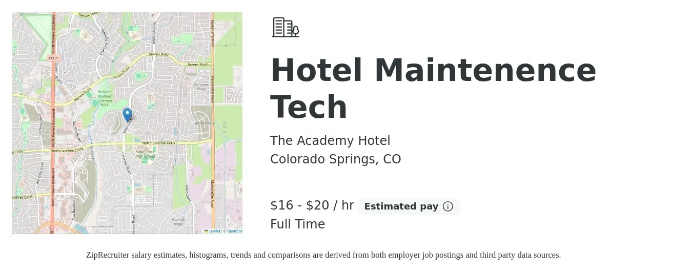 The Academy Hotel job posting for a Hotel Maintenence Tech in Colorado Springs, CO with a salary of $17 to $21 Hourly with a map of Colorado Springs location.