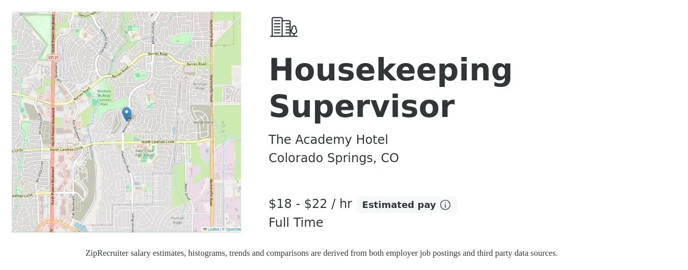 The Academy Hotel job posting for a Housekeeping Supervisor in Colorado Springs, CO with a salary of $19 to $23 Hourly with a map of Colorado Springs location.