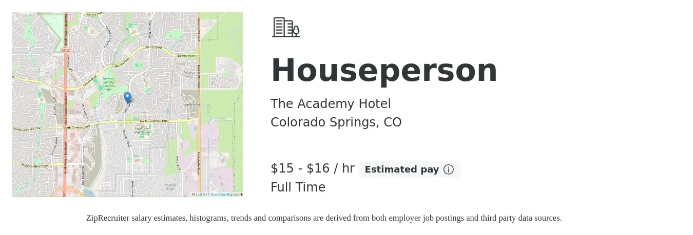 The Academy Hotel job posting for a Houseperson in Colorado Springs, CO with a salary of $14 to $17 Hourly with a map of Colorado Springs location.
