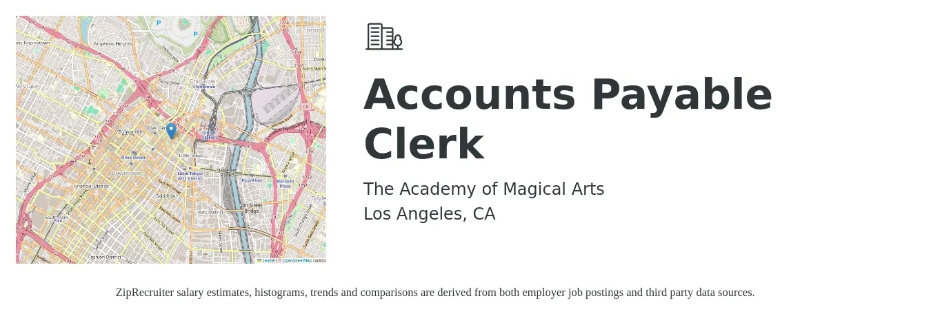 The Academy of Magical Arts job posting for a Accounts Payable Clerk in Los Angeles, CA with a salary of $28 to $30 Hourly with a map of Los Angeles location.