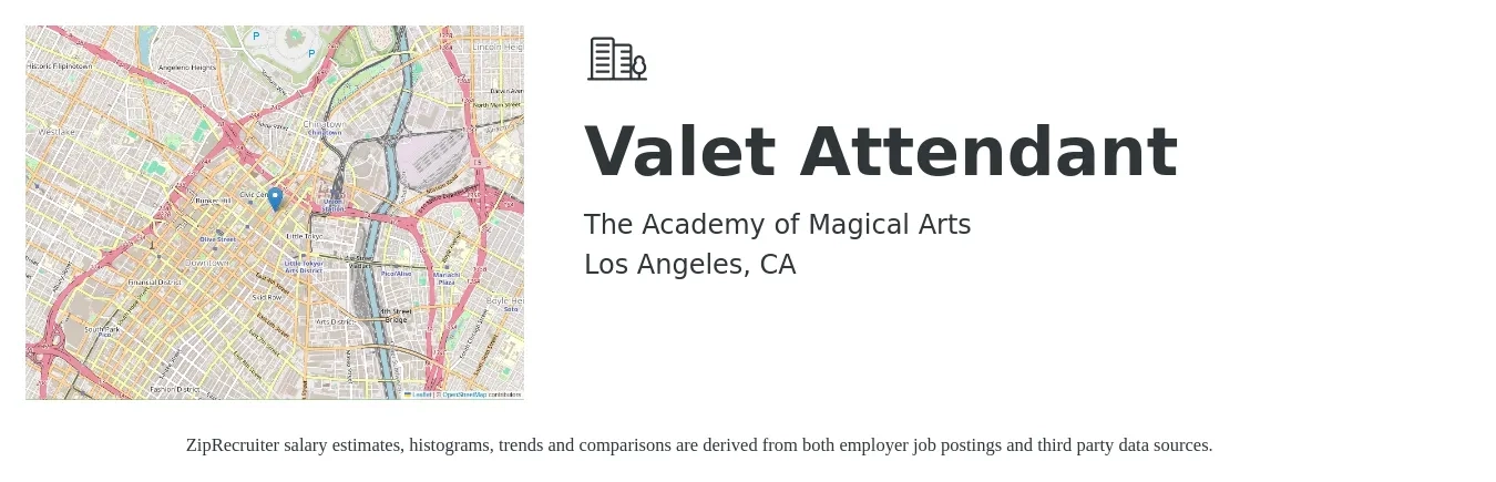 The Academy of Magical Arts job posting for a Valet Attendant in Los Angeles, CA with a salary of $17 Hourly with a map of Los Angeles location.