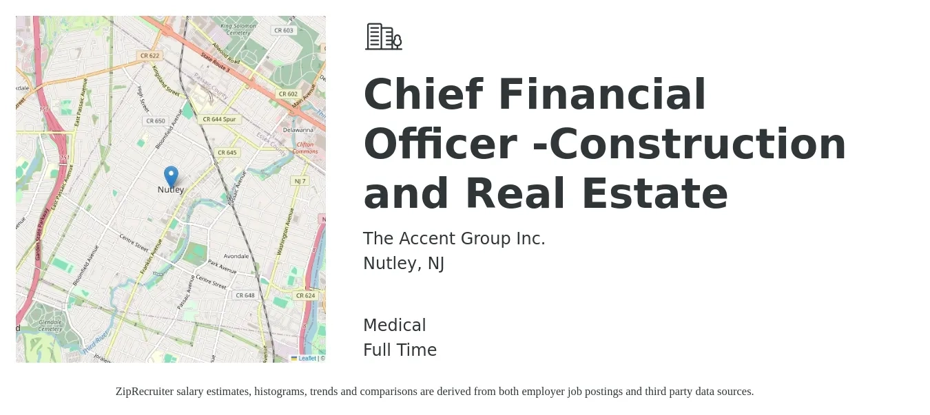 The Accent Group Inc. job posting for a Chief Financial Officer -Construction and Real Estate in Nutley, NJ with a salary of $143,300 to $406,600 Yearly and benefits including pto, retirement, and medical with a map of Nutley location.