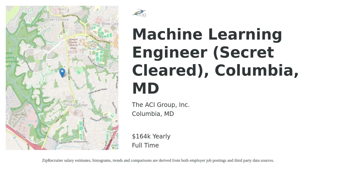 The ACI Group, Inc. job posting for a Machine Learning Engineer (Secret Cleared), Columbia, MD in Columbia, MD with a salary of $164,000 Yearly with a map of Columbia location.